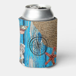 Rustikaler Nautic Blue Wood Burlap Starfish Dosenkühler