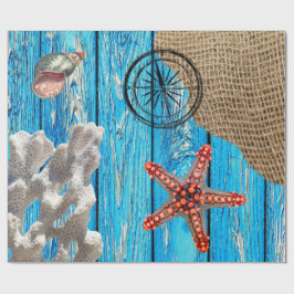 Rustikaler Nautic Blue Wood Burlap Starfish Geschenkpapier