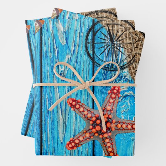 Rustikaler Nautic Blue Wood Burlap Starfish Geschenkpapier Set (Beispiel)