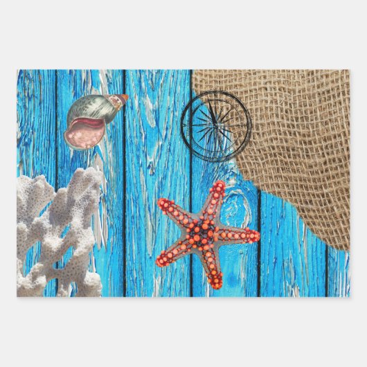 Rustikaler Nautic Blue Wood Burlap Starfish Geschenkpapier Set (Vorderseite)