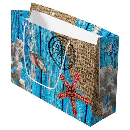 Rustikaler Nautic Blue Wood Burlap Starfish Große Geschenktüte (Vorderseite Schrägansicht)
