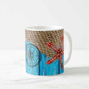 Rustikaler Nautic Blue Wood Burlap Starfish Kaffeetasse