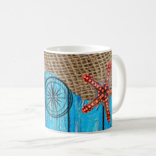 Rustikaler Nautic Blue Wood Burlap Starfish Kaffeetasse (VorderseiteRechts)