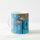 Rustikaler Nautic Blue Wood Burlap Starfish Kaffeetasse (Vorderseite Links)