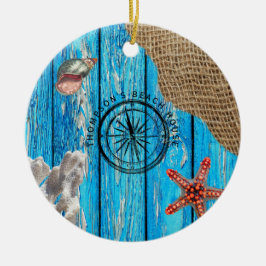 Rustikaler Nautic Blue Wood Burlap Starfish Keramik Ornament