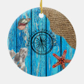 Rustikaler Nautic Blue Wood Burlap Starfish Keramik Ornament (Hinten)
