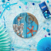 Rustikaler Nautic Blue Wood Burlap Starfish Pappteller (Party)