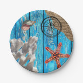 Rustikaler Nautic Blue Wood Burlap Starfish Pappteller (Vorderseite)