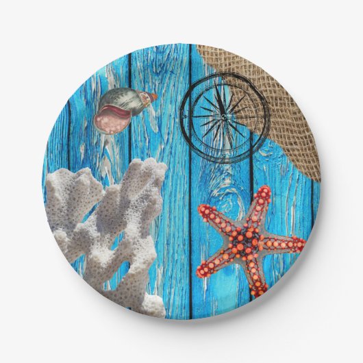 Rustikaler Nautic Blue Wood Burlap Starfish Pappteller (Vorderseite)