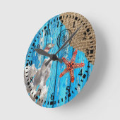 Rustikaler Nautic Blue Wood Burlap Starfish Runde Wanduhr (Winkel)