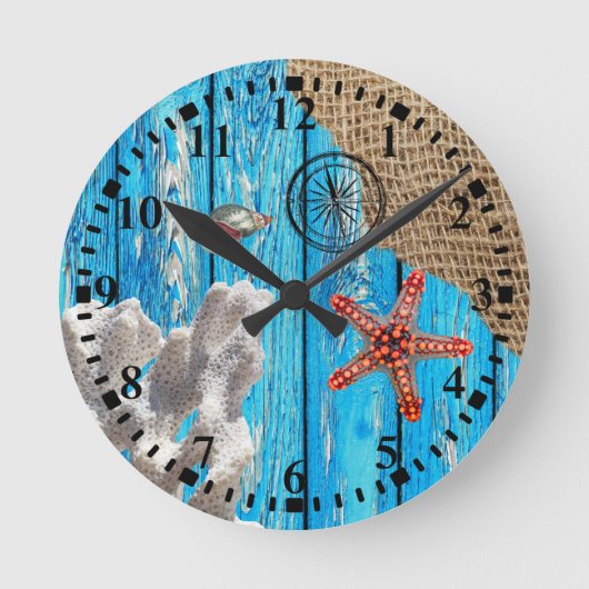 Rustikaler Nautic Blue Wood Burlap Starfish Runde Wanduhr (Vorderseite)