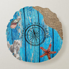 Rustikaler Nautic Blue Wood Burlap Starfish Rundes Kissen