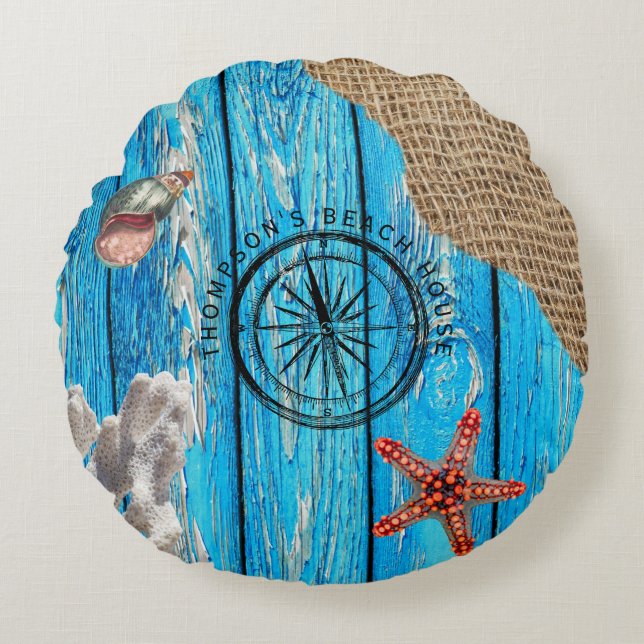 Rustikaler Nautic Blue Wood Burlap Starfish Rundes Kissen (Vorderseite)