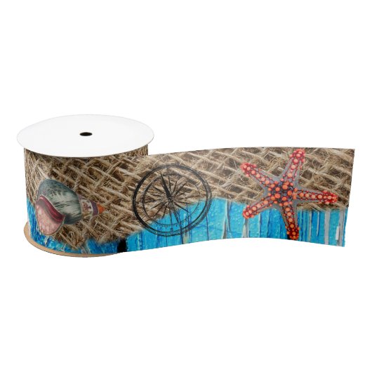Rustikaler Nautic Blue Wood Burlap Starfish Satinband (Spule)