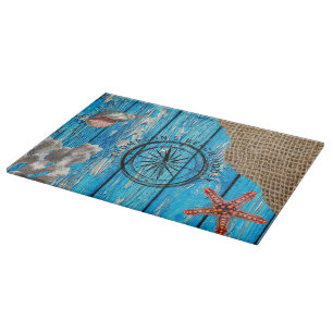 Rustikaler Nautic Blue Wood Burlap Starfish Schneidebrett