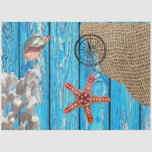 Rustikaler Nautic Blue Wood Burlap Starfish Seidenpapier (Vorderseite)