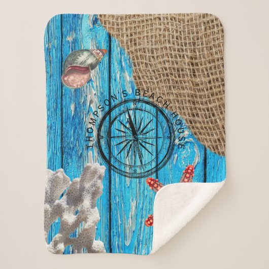 Rustikaler Nautic Blue Wood Burlap Starfish Sherpadecke (Vorderseite)
