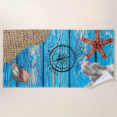 Rustikaler Nautic Blue Wood Burlap Starfish Strandtuch (Vorderseite)