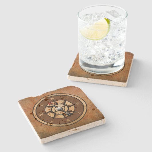 Rustikaler nautischer Kompass brauner Hintergrund Steinuntersetzer (Seitenansicht)