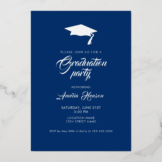 Rustikaler Navy Blue Graduate Foto Abschluss Gold Folieneinladung (Rückseite)