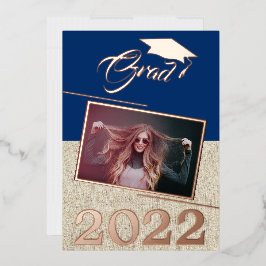 Rustikaler Navy Blue Graduate Foto Abschluss Gold Folieneinladung