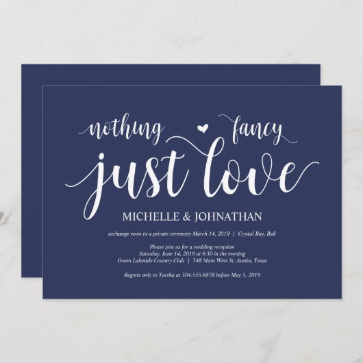 Rustikaler Navy Blue Wedding Elopement Empfang Einladung (Vorne/Hinten)
