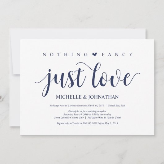 Rustikaler Navy Blue Wedding Elopement Empfang Einladung (Vorderseite)