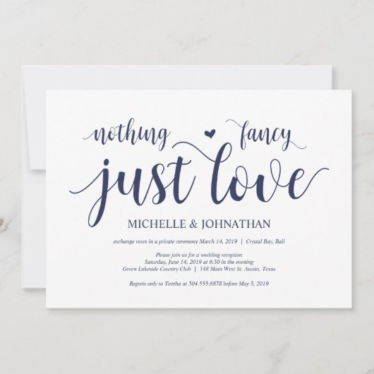Rustikaler Navy Blue Wedding Elopement Empfang Einladung (Vorderseite)