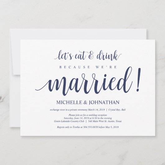 Rustikaler Navy Blue Wedding Elopement Empfang Einladung (Vorderseite)