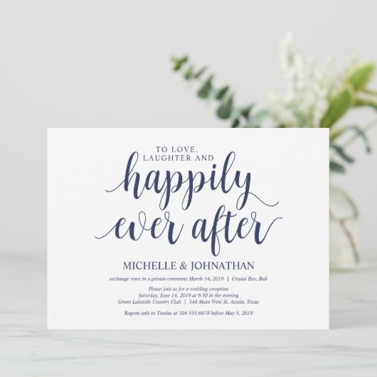 Rustikaler Navy Blue Wedding Elopement Empfang Einladung (Stehend Vorderseite)