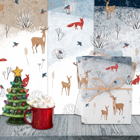 Rustikaler Nordic Winter Fox Deer Snowy Mountain Geschenkpapier Set