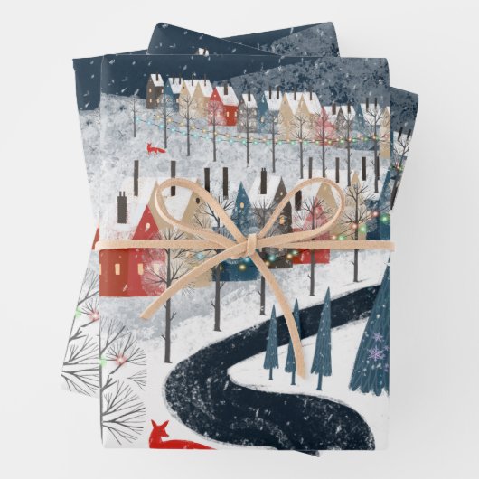 Rustikaler nordischer Schneeberg Village Fox Trott Geschenkpapier Set (Beispiel)