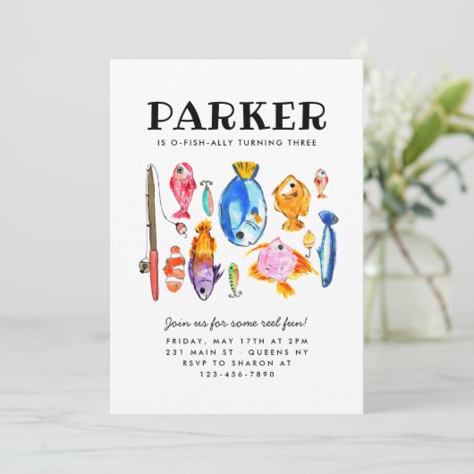 Rustikaler O-Fish-al Reel Fun Fish Fish Birthday Einladung (Stehend Vorderseite)