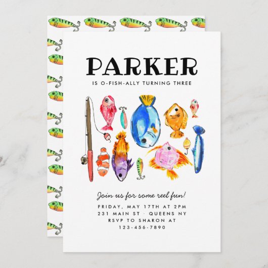 Rustikaler O-Fish-al Reel Fun Fish Fish Birthday Einladung (Vorne/Hinten)