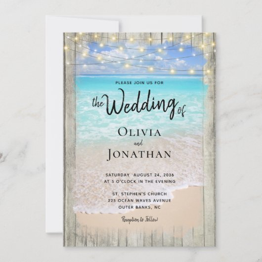 Rustikaler Ocean Beach Hochzeitungs-QR-Code Einladung (Vorderseite)