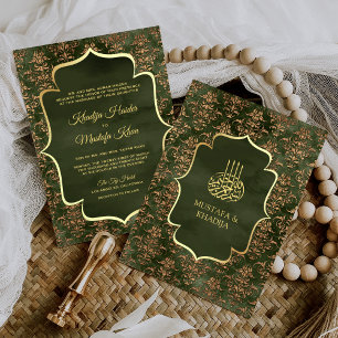 Rustikaler Oliven-Grün-Gold-Damaskus Muslimische H Einladung
