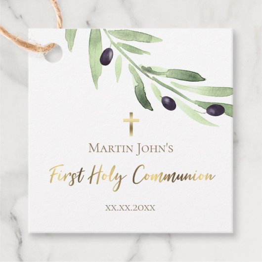 Rustikaler Olivenzweig Erste Kommunion Geschenkanhänger (Vorderseite)