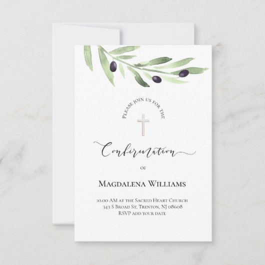 Rustikaler Olivenzweig katholische Bestätigung Einladung (Vorderseite)