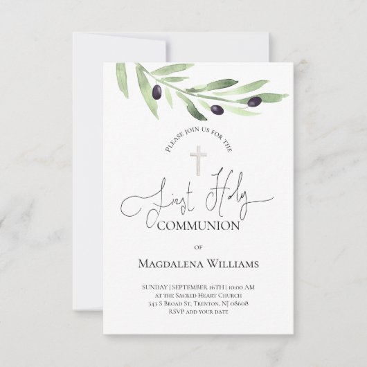 Rustikaler Olivenzweig Katholische Erste Kommune I Einladung (Vorderseite)