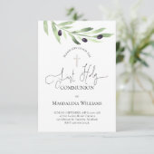 Rustikaler Olivenzweig Katholische Erste Kommune I Einladung (Stehend Vorderseite)