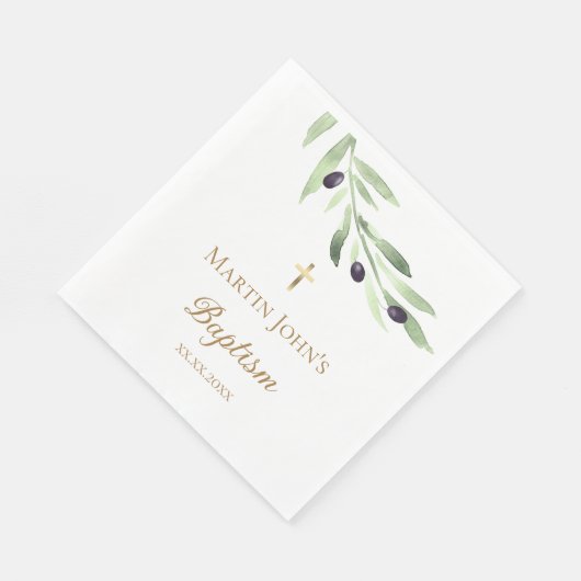 rustikaler Olivenzweig Taufe Serviette (Ecke)
