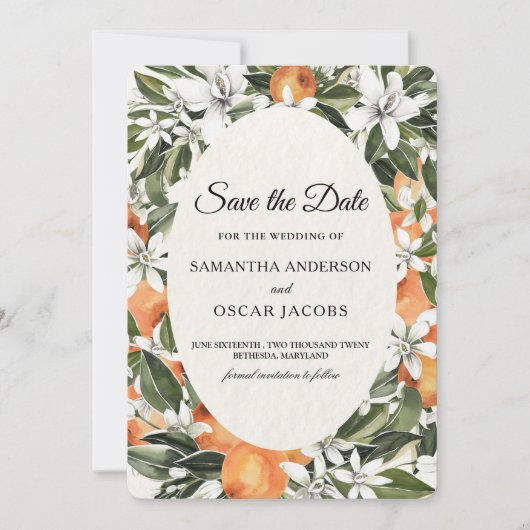 Rustikaler Orange Citrus Floral | Elegant Boho Save The Date (Vorderseite)