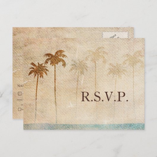 Rustikaler Palmenbaumstrand Hochzeit uAwg Einladungspostkarte (Vorne/Hinten)
