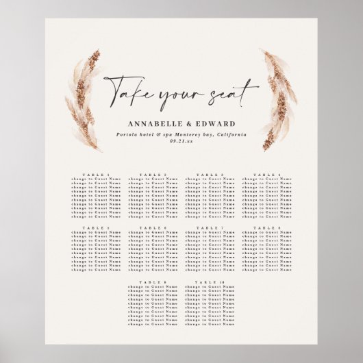 Rustikaler Pampasgras-Botanischer Hochzeitsplan Poster (Vorne)