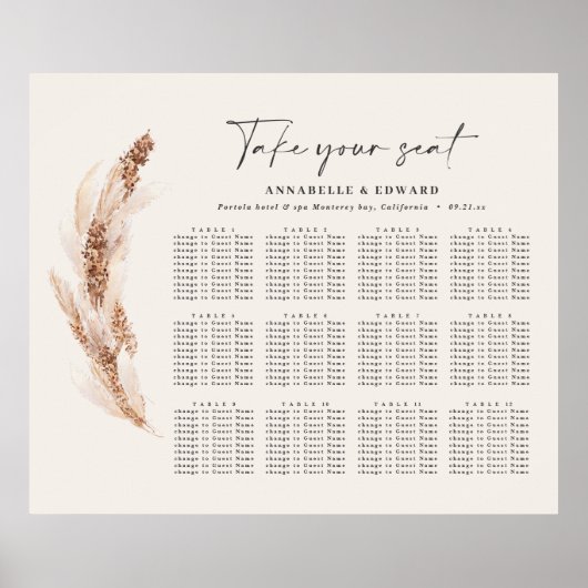 Rustikaler Pampasgras-Botanischer Hochzeitsplan Poster (Vorne)
