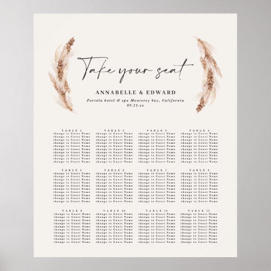 Rustikaler Pampasgras-Botanischer Hochzeitsplan Poster (Vorne)