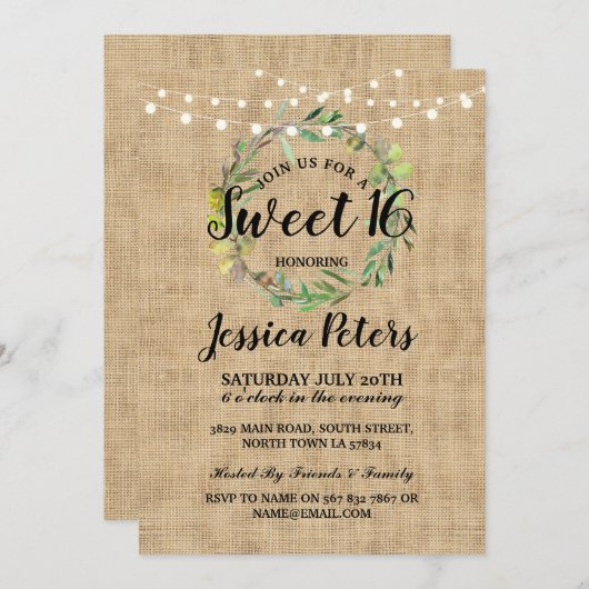 Rustikaler Party-Leinwand-GrünWreath des Bonbon-16 Einladung (Vorne/Hinten)