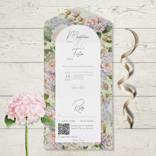 Rustikaler Pastel Hydrangeas Sage Green Arch QR Co All In One Einladung