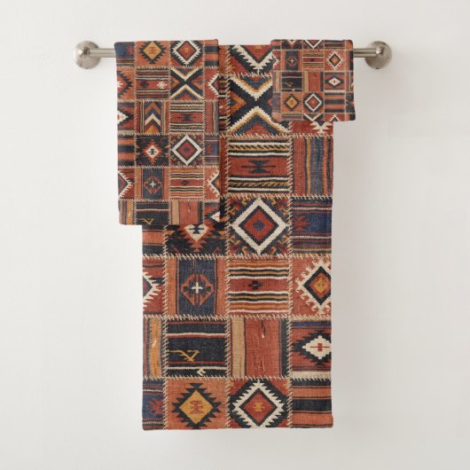 Rustikaler Patchwork-Kilim-Geometrie-Teppich Badhandtuch Set (Insitu)