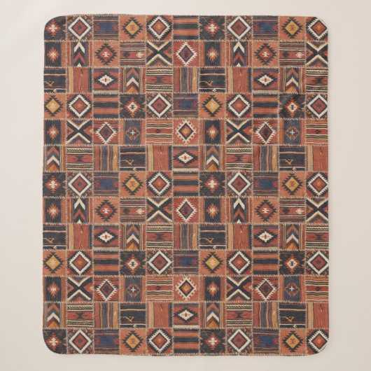 Rustikaler Patchwork-Kilim-Geometrie-Teppich Sherpadecke (Vorderseite)